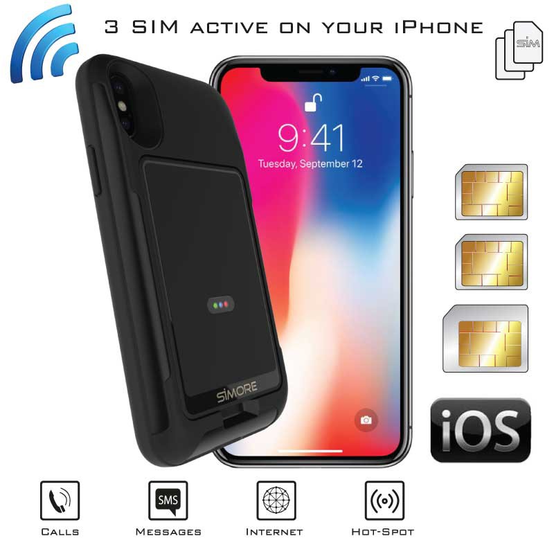 iPhone X  Double SIM Bluetooth Adaptateur Actif coque et Wi-Fi router MiFi  Hotspot E-Clips Gold SIMore