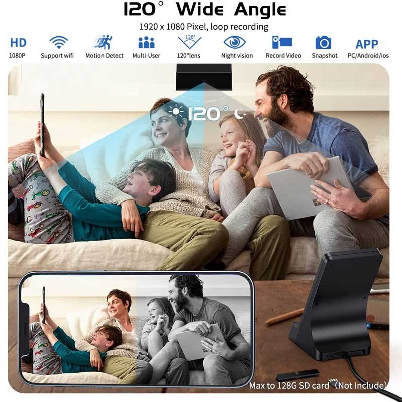 Spy security wifi mini camera with motion detection, night vision, wireless phone charger