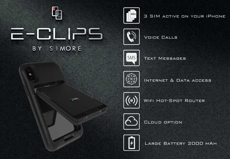 iPhone XS doppia sim custodia bluetooth adattatore e MiFi wifi router E-Clips SIMore
